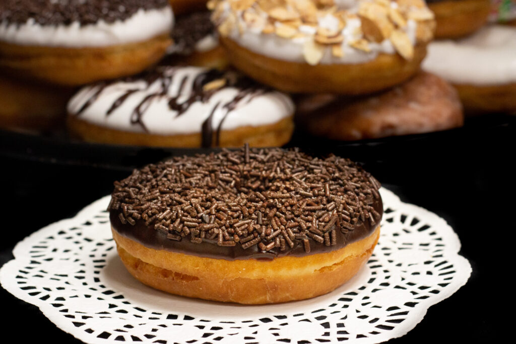 Chocolate Raised Ring Donuts with Chocolate Jimmies