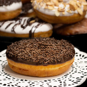 Chocolate Raised Ring Donuts with Chocolate Jimmies